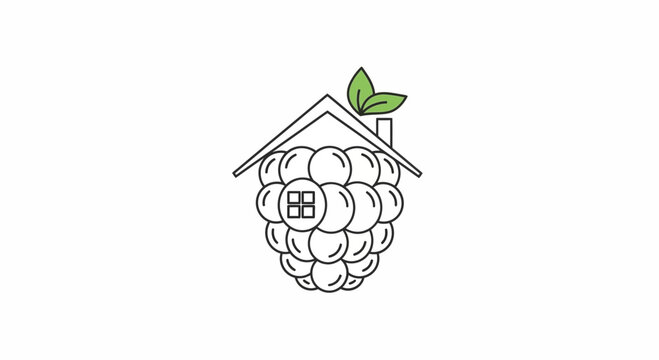 Creative house logo with raspberry and leaf, abstract home symbol, healthy living concept
