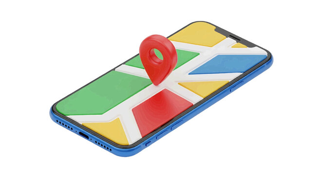Vector illustration of smartphone with map and red location pin navigation on a transparent background