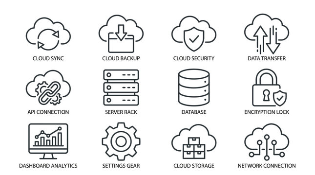 Cloud computing icons illustrate various server storage and network security processes for modern technical infrastructure.