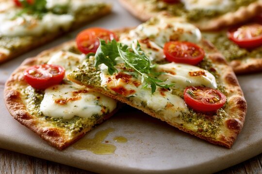 Crispy pesto flatbread pizza topped with buffalo mozzarella and cherry tomatoes for a tasty treat