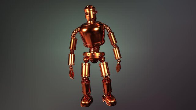 Copper Steampunk Robot Loitering and Waiting - Seamless Loop.
This high-quality 3D animation features a copper-toned, retro-styled steampunk robot standing in a bored, idle pose.
