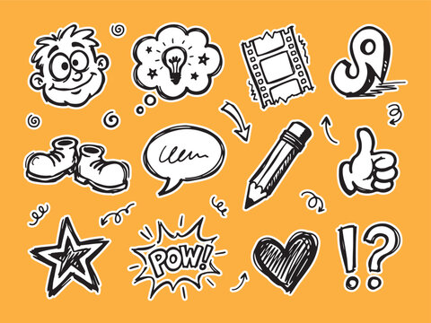 Creative doodle elements featuring faces ideas art supplies thought bubble film strip thumbs