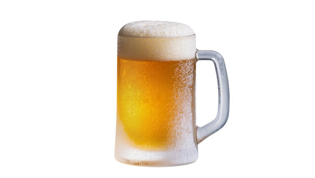 Frothy golden beer inside frosty glass mug with handle