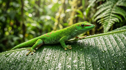 Fototapeta premium Giant Day Gecko on Wet Tropical Leaf in Rainforest
