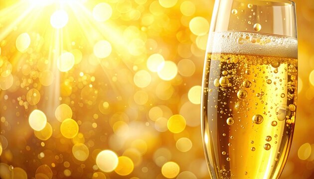 Elegant champagne flute with rising golden bubbles against a radiant bokeh background and sun rays. Ideal for luxury celebrations, New Years Eve, festive events, and success toasts.