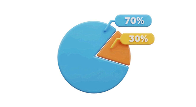 Vector illustration of 3d pie chart with 70 percent and 30 percent segments on a transparent background