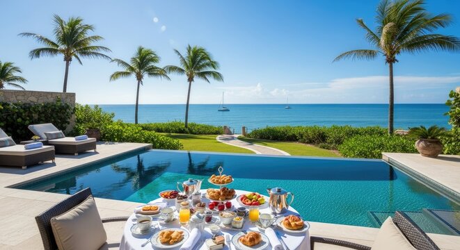 Breakfast buffet by a pool with ocean view under a clear blue sky