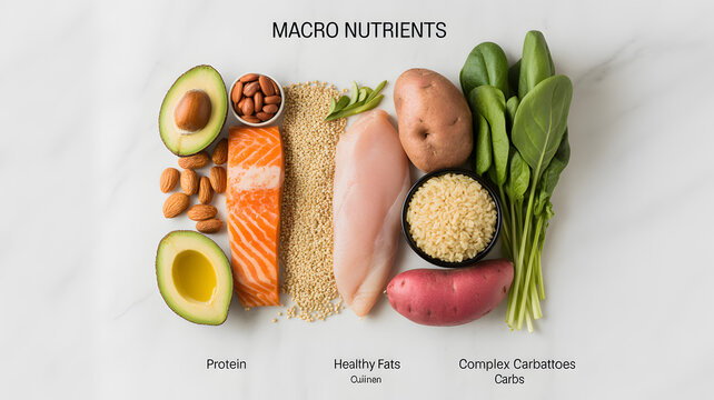 Macro nutrients chart with fresh vegetables and salmon