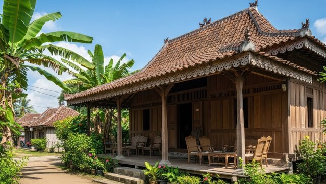 Traditional Javanese wooden house with a tiled roof and lush green surroundings.