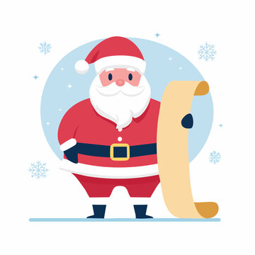 Santa Claus holding a long scroll with snowflakes