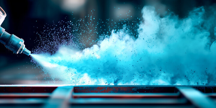 electrostatic spray gun applying blue powder coating to metal frame for industrial surface finishing and protection