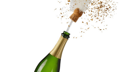 Obraz premium Green glass Champagne bottle with gold foil popping cork and spray