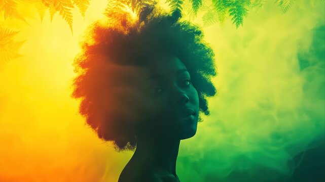 Slow motion tracking shot of woman turning head through colored smoke and fern leaves in studio portrait