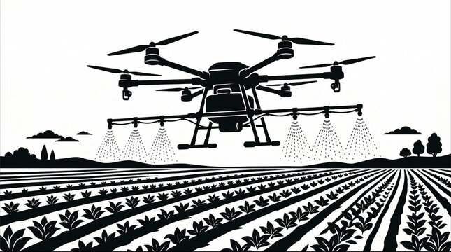 Agricultural drone spraying pesticides over a green field, modern precision farming technology silhouette, smart agriculture concept with UAV industrial drone flying over crops, vector illustration is