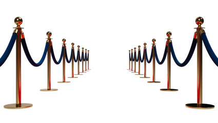 Golden Metal Crowd Control Barriers with Blue Velvet Ropes in Row © Femke