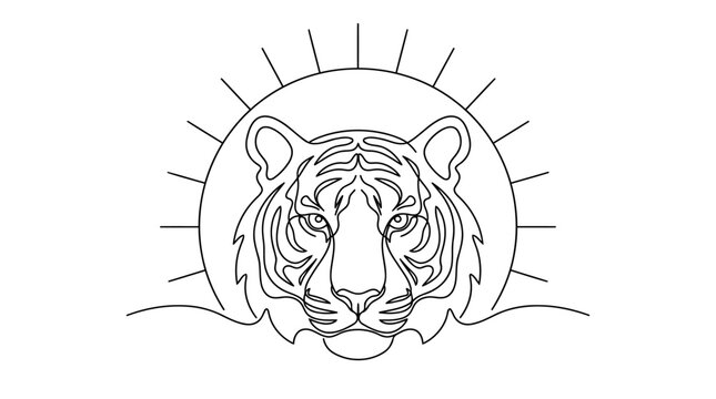 Continuous Monoline Tiger Face with Rising Sun Conservation Vector