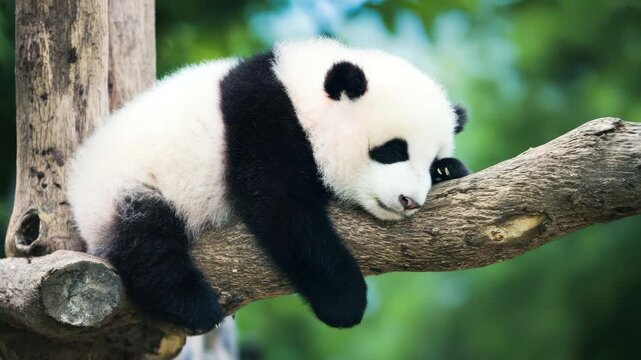 Cute baby panda bear sleeping on a tree branch in a forest, adorable animal wildlife concept