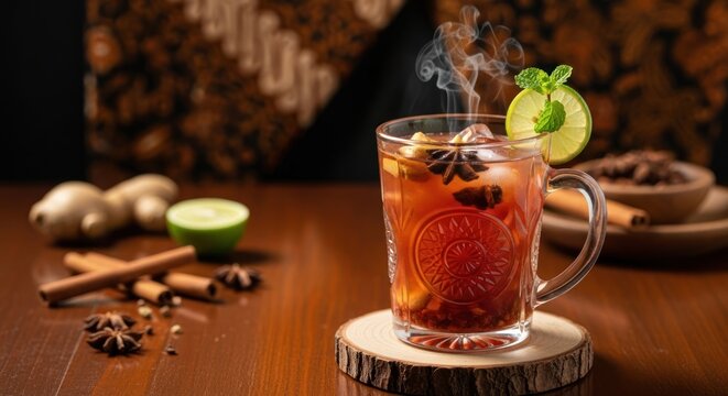 Steaming Hot Wedang Uwuh, Traditional Indonesian Herbal Drink with Spices and Lime.