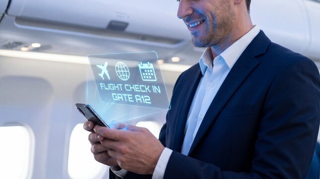 Businessman using smartphone with flight checkin holographic interface on airplane