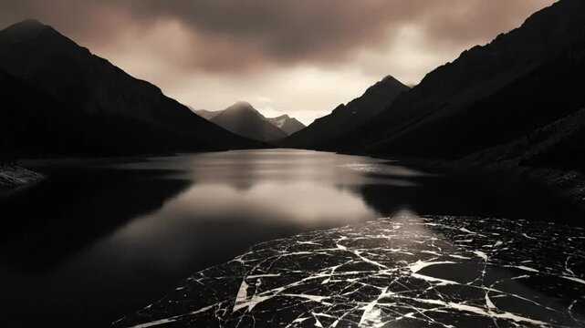 Dramatic sepia-toned landscape of a mountain lake reflecting a stormy sky with ice patterns in the foreground.