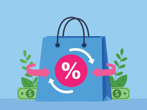 Shopping bag with percentage sign and money discount or sale illustration