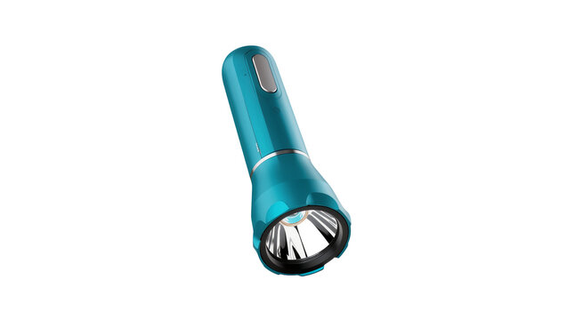 Teal metallic flashlight with reflector and button