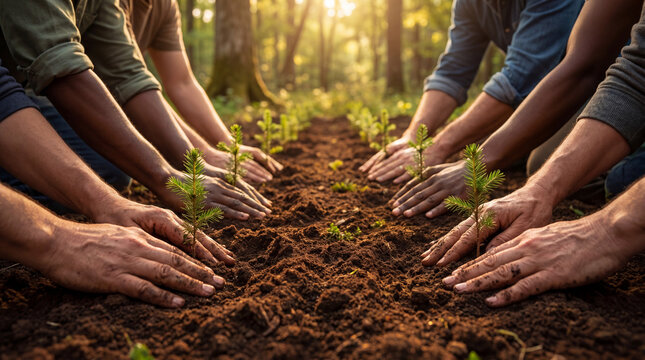 Diverse Human Hands Planting Green Saplings Together in Rich Fertile Soil with Golden Forest Light, Reforestation Tree Planting and Environmental Conservation Concept, 4K