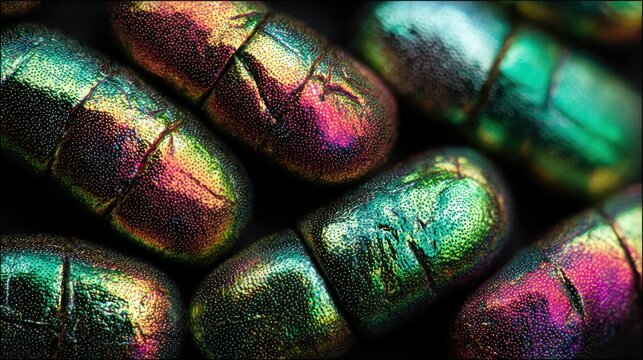 Close up of iridescent insect exoskeletons