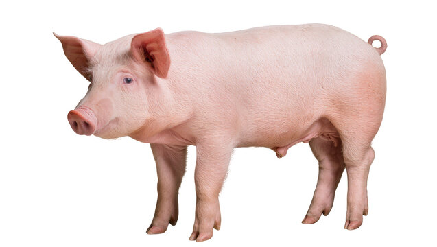 Pink domestic pig standing sideways with large ears and curly tail