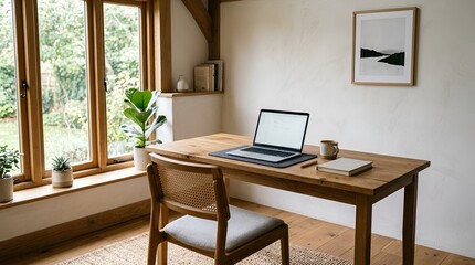 Fototapeta premium Cozy Home Office Workspace with Wooden Desk and Natural Light
