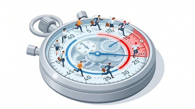 Isometric illustration of time tracking and overtime with stopwatch