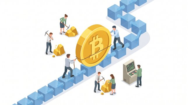 Isometric illustration of cryptocurrency and blockchain with bitcoin