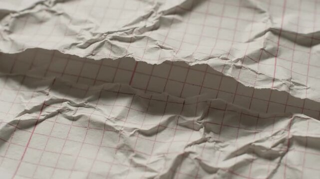 Close up view of tearing the edge of crumpled graph paper sheet, creating a textured background and concept of destruction
