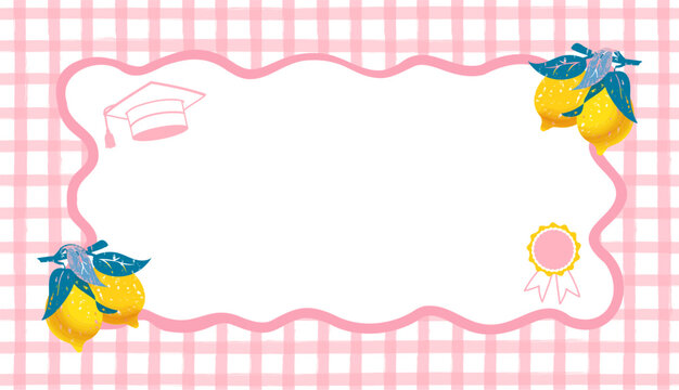 Graduation party banner for girls with empty white wavy frame, Mediterranean style Italian lemon hand drawn yellow fruits over pink checkered background for graduate event welcome poster vector