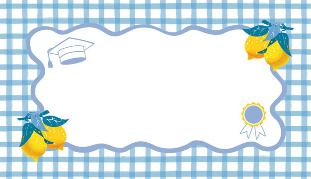 Graduation party banner for boys with empty white wavy frame, Mediterranean style Italian lemon hand drawn yellow fruits over blue checkered background for graduate event welcome poster vector