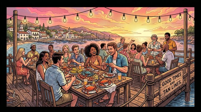 Diverse Friends Dining on Coastal Deck at Sunset Illustration, Good Times and Tan Lines Seafood Party Graphic