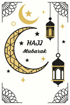 Hajj Mubarak crescent moon and lanterns vector illustration