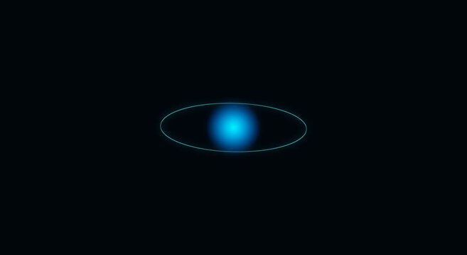 Glowing blue atom model rotating with orbital rings on dark animation