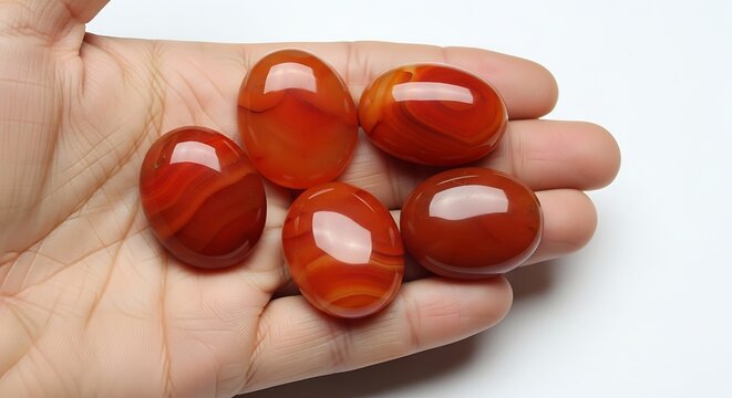 Hand holding red agate gemstones closeup.
