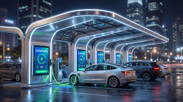 Sleek Modern Electric Vehicle Charging Station at Night with Glowing Green and Blue Charging Cables and Digital Status Displays, EV and Clean Transportation Concept, 4K

