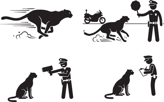 Humorous comic of a police officer on a motorcycle giving a speeding ticket to a running cheetah using a radar gun.