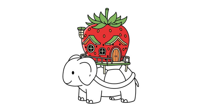 Cute Strawberry House on a Turtle's Back, Whimsical Fantasy Creature Illustration
