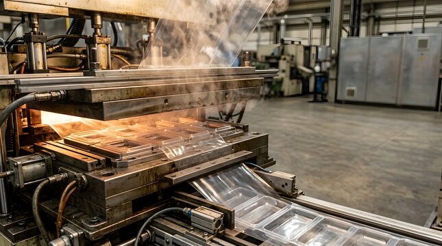 : Industrial thermoforming machine producing transparent plastic packaging trays in automated manufacturing line