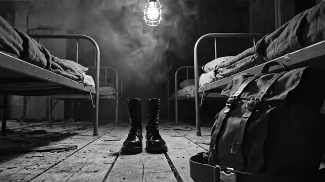 Black and white shot of a war bunker dormitory scene with boots and backpack