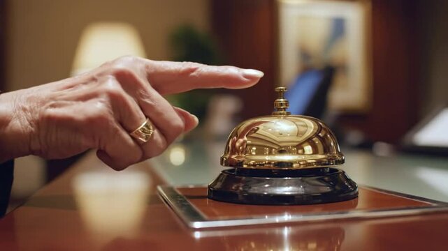 Close-up of a hand ringing a golden hotel service bell on a shiny desk for assistance