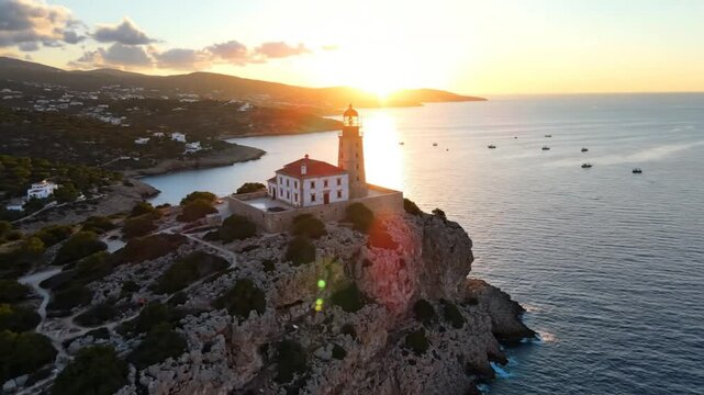 Drone view of a lighthouse at sunset on a rocky cliffside with surrounding ocean and boats