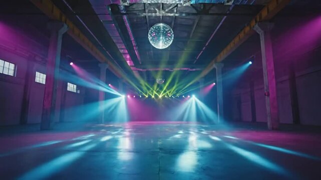 Empty warehouse dance floor with disco ball and colorful lighting effects creating party atmosphere