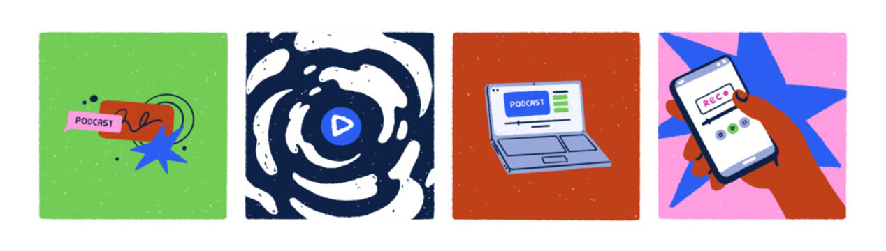 International Podcast Day, square card designs set. Live audio stream, social media posts with play, speech bubbles, laptop computer and phone. Online sound entertainment. Flat vector illustrations