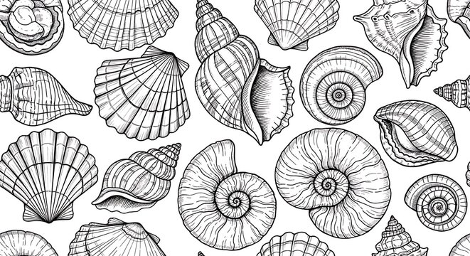 Detailed black and white illustration of various seashells pattern design