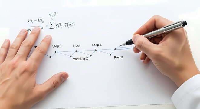 Person solving complex mathematical equation on white paper